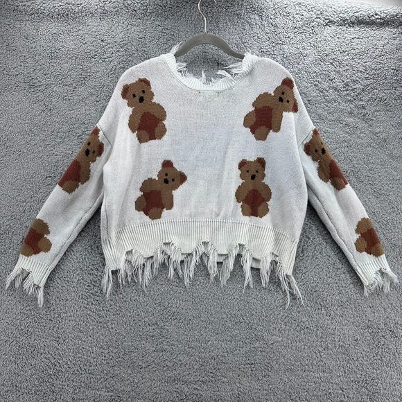 Just Polly NY Small Teddy Bear Knit Sweater Boxy Cut V-Neck Raw Hem Adorable - Picture 11 of 12